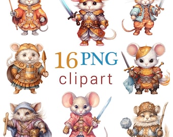 Imágenes prediseñadas de guerrero ratón: ilustraciones de caballeros ratones de fantasía medieval (descarga digital PNG)