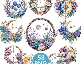 Celestial Moon Floral Clipart PNG, Watercolor Lunar Wreath Sublimation, Mystical Boho Crescent Digital Download, Witchy Illustration