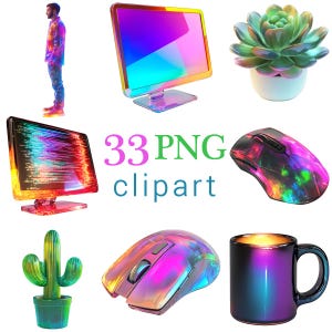 May include: A set of 33 PNG clipart images showcasing various items with a shimmering, iridescent finish. The collection includes a computer monitor, mouse, cactus, succulent, and a mug. The text "33 PNG clipart" is also visible.