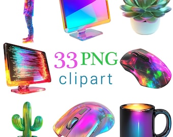 ネオンプログラマークリップアート：オフィスワークスペースPNGバンドル（商用利用、デジタルダウンロード