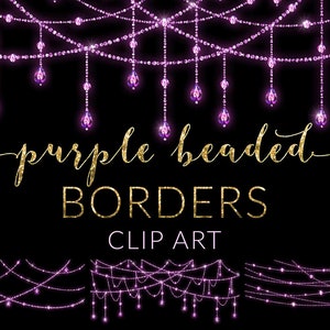 Puede incluir: Borduras de cuentas moradas, clipart. Un conjunto de tres bordes de cuentas moradas con cuentas colgantes. Los bordes están sobre un fondo negro.