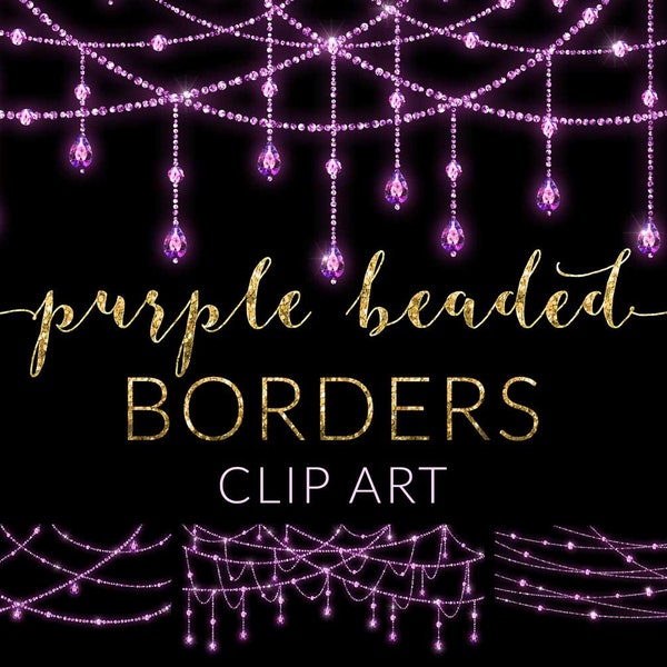16 PNG Purple Beaded Glowing Borders, Digital Files, Instant download, Gemstone Strand Borders, Beaded Strings, clipart, Rhinestone Strands