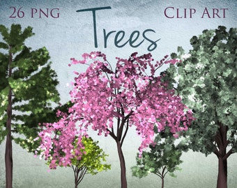 May include: A digital illustration of five trees with different foliage. The trees are in a variety of shades of green, pink, and blue. The text "Trees" is written in blue cursive at the top of the image. The text "26 PNG" is in the top left corner and "CLIP ART" is in the top right corner.