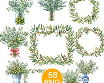 Olive Frame Clipart, Watercolor Olive Wreath PNG, Botanical Borders, Digital Download