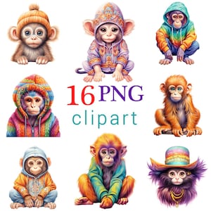 16 PNG Cute Dressed Monkey Clipart, Digital Cartoon Monkeys in Hoodies, Monkeys Digital Files, Commercial use, Printables, Transparent