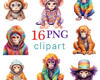 16 PNG Cute Dressed Monkey Clipart, Digital Cartoon Monkeys in Hoodies, Monkeys Digital Files, Commercial use, Printables, Transparent
