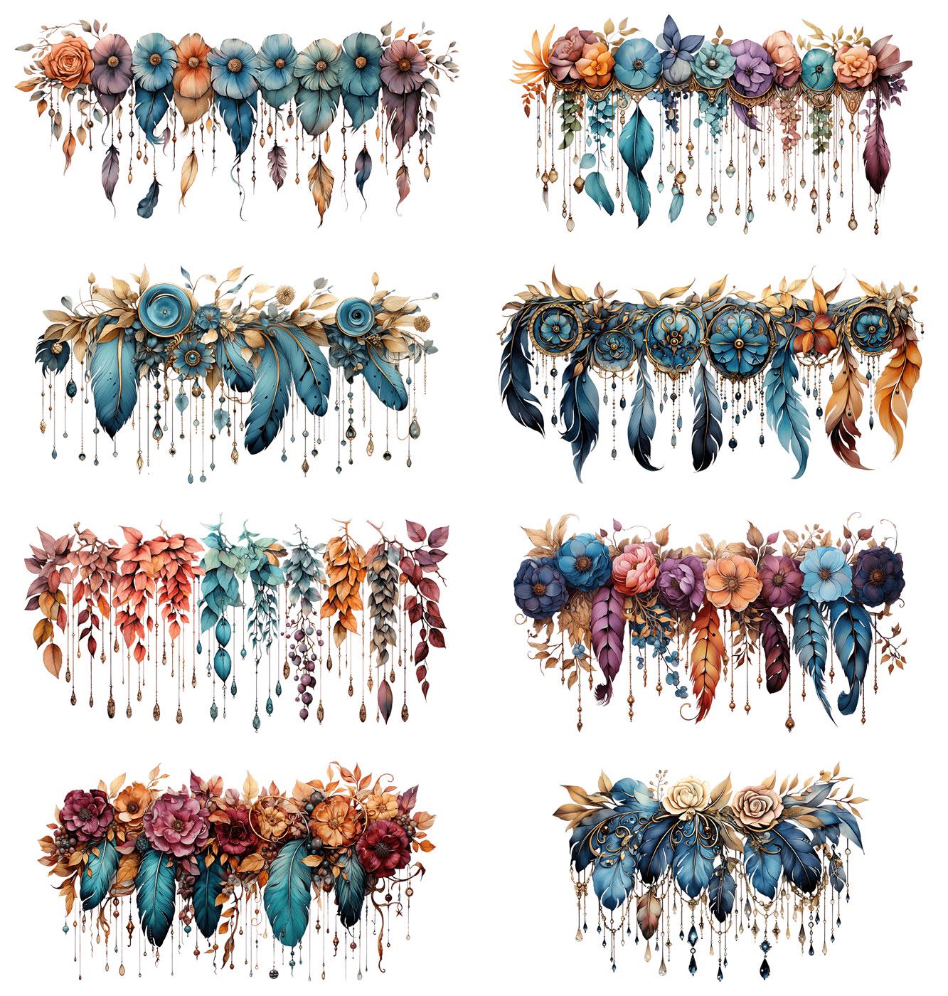 Boho Feather Borders Clipart: PNG Floral Design Elements (digital ...