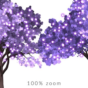 May include: Two purple trees with glowing white lights in their branches. The trees are on a white background. The text "100% zoom" is at the bottom of the image.