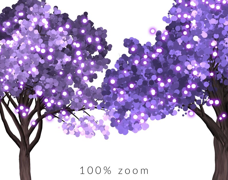 May include: Two purple trees with glowing white lights in their branches. The trees are on a white background. The text "100% zoom" is at the bottom of the image.