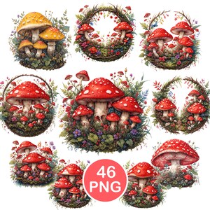 May include: A selection of watercolour illustrations showcasing mushroom designs. The mushrooms have red caps with white spots, and yellow caps, set amongst greenery and flowers. The image includes a red circle with the text "46 PNG".