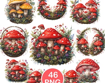 Mushrooms Clipart, Watercolor Amanita PNG, Woodland Toadstool Graphics, Digital Download