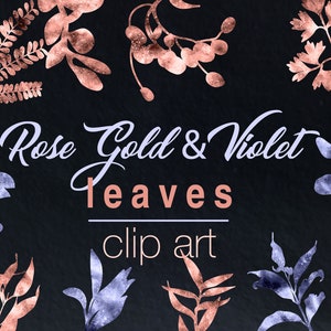 24 PNG Rosé Gold und Violett bemalte Metallfolie Blätter, Clip Art, Design-Elemente, Sofort-Download, Metallic Floral Design-Elemente