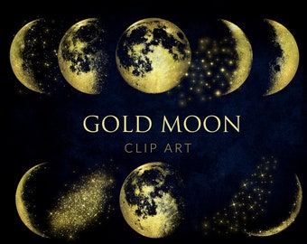 Gold Moon Clipart, Sofort download, Design-Elemente, Mondphasen Clip Art, Golden Moon Overlays
