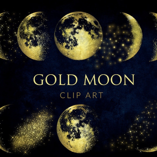 Gold Moon clipart , Instant download,  design elements, Moon Phases clip art, Golden Moon Overlays