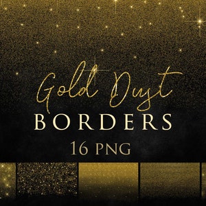 May include: A set of 16 gold glitter borders, perfect for adding a touch of sparkle to your digital designs. The borders are in PNG format and are ready to be used in your favorite design software.