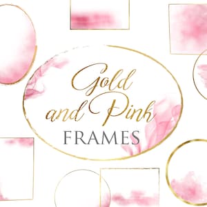 Könnte beinhalten: Ein Satz goldener und rosafarbener Aquarellrahmen. Die Rahmen sind in verschiedenen Formen, darunter Kreise, Quadrate und Rechtecke. Die Rahmen sind perfekt, um Ihren Designs einen Hauch von Eleganz zu verleihen.