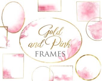 12 PNG, Gold and Pink Frames, Digital pack, Instant download, Design elements, clip art, Golden Frames
