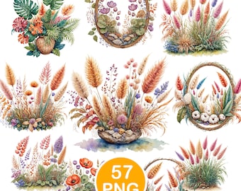 Pampas Grass Clipart, Watercolor Boho Grass PNG, Meadow Botanical Graphics, Digital Download