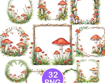 Mushroom Frame Clipart, Watercolor Woodland Frame PNG, Amanita Borders, Digital Download
