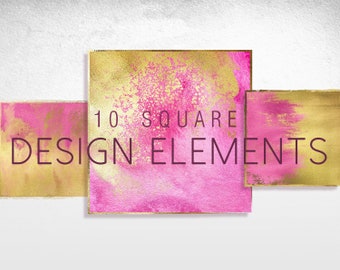 10 Digital Square design elements clipart, Golden watercolor squares, Pink watercolor Banner, Logo,  Instant download