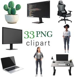 Pode incluir: Uma coleção de imagens clipart digitais com um cacto em um vaso, monitores de computador, um laptop, uma configuração de mesa, uma cadeira de jogos e duas figuras. O texto "33 PNG clipart" também está incluído.