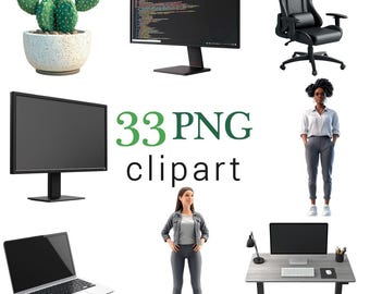 Ensemble de clipart programmeur : informaticien, outils de codage (fichiers numériques PNG, usage commercial)