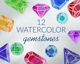 Puede incluir: Doce gemas de acuarela en varias formas y colores, incluyendo verde, morado y azul. Las gemas tienen contornos blancos sobre un fondo plateado. El texto dice "12 WATERCOLOR gemstones."