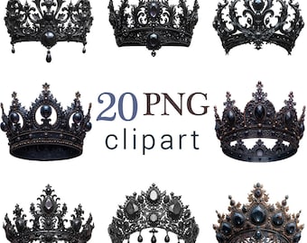 20 png zwarte gotische kroon clipart set, Victoriaanse steampunk tiara, middeleeuwse koningin koning kroon graphics, commercieel gebruik, transparante achtergrond