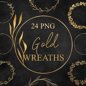 Illustraties van 24 gouden kransen, digitaal pakket, ontwerpelementen, bloemenoverlays, bladgoud, Instant download