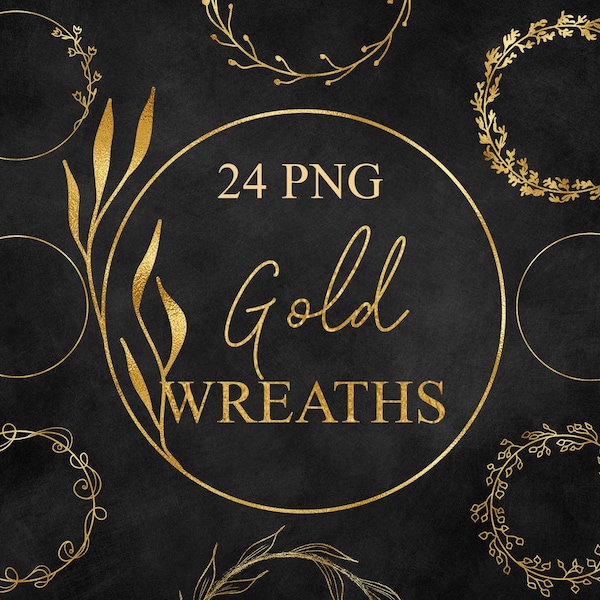24 Gold wreaths clip art, Digital pack, Design elements, Floral overlays, Golden leaves , Instant download