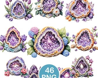 Amethyst Geode Floral Clipart PNG, Watercolor Crystal Clipart, Purple Geode Png, Boho Gemstone Clipart, Crystal Flowers Digital Download