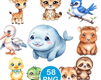 Cute Woodland Animal Clipart, Kawaii Forest Animal PNG, Baby Animal Graphics, Digital Download