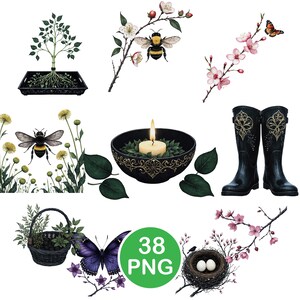 May include: A collection of watercolor illustrations featuring a bonsai tree, bees, butterflies, flowers, a candle in a decorative bowl, a basket, a bird's nest with eggs, and black boots. The illustrations are in a botanical theme with a green and purple color palette.