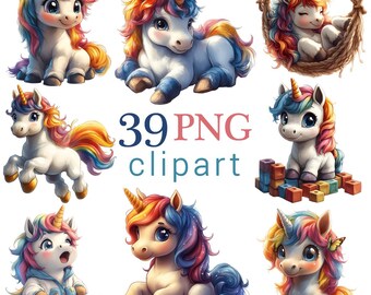 Imágenes prediseñadas de unicornios arcoíris bebés, unicornios pequeños de fantasía: imágenes PNG (fondo transparente, descarga digital, imprimibles para manualidades)