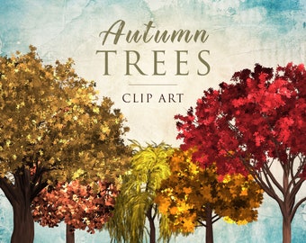 May include: Clip art image of five autumn trees with colorful leaves. The trees are in a row from left to right: yellow, red, orange, yellow, and red. The text "Autumn Trees Clip Art" is at the top of the image.