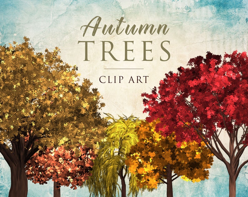 May include: Clip art image of five autumn trees with colorful leaves. The trees are in a row from left to right: yellow, red, orange, yellow, and red. The text "Autumn Trees Clip Art" is at the top of the image.