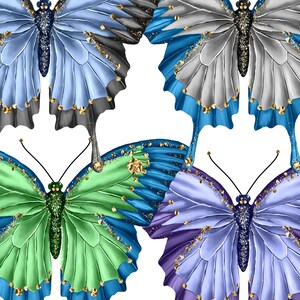 May include: Four glittery butterflies with gold accents. The butterflies are blue, green, purple, and gray. The butterflies are arranged in a square pattern.