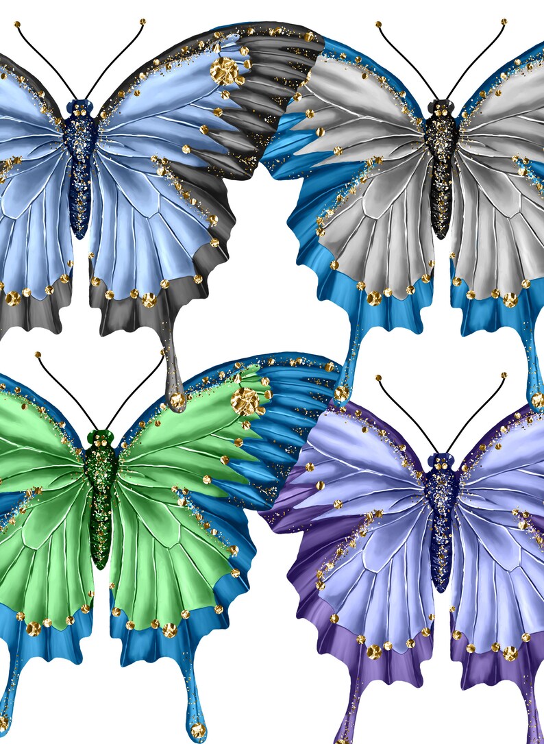 May include: Four glittery butterflies with gold accents. The butterflies are blue, green, purple, and gray. The butterflies are arranged in a square pattern.