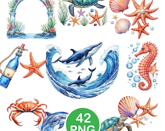 Nautical Sea Clipart, Watercolor Ocean Animal PNG, Coastal Graphics, Digital Download
