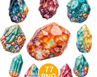 Crystal Clipart, Watercolor Gemstone PNG, Crystal Point Graphics, Digital Download