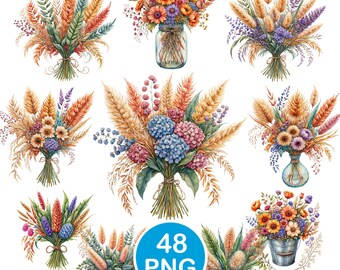Dried Flower Bouquet Clipart, Watercolor Wheat Bouquet PNG, Boho Floral Graphics, Digital Download