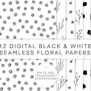 Könnte beinhalten: Zwölf digitale, nahtlose florale Muster in Schwarzweiß. Die Muster beinhalten Spiralen, Blumen und Blätter. Weißer und transparenter Hintergrund.