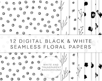 12 Digital Papers, Seamless Black & White Floral Textures, Digital papers pack, White and Transparent Background, Texture Overlays