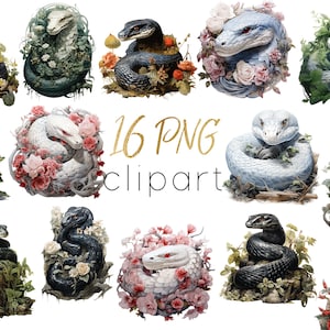 Floral Snake Clipart: Black & White Snakes in Grass (16 PNG, Digital Download)