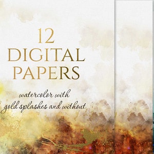 12 Digital Watercolor Papers with gold splashes and without, Orange and Green Abstract Watercolor backgrounds, Paper Pack, Instant download