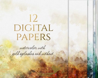 12 Digital Watercolor Papers with gold splashes and without, Orange and Green Abstract Watercolor backgrounds, Paper Pack, Instant download