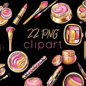 Rosa Kosmetik Clip Art, Digitale Beauty-Grafik, Make-up-Set PNG-Dateien, Lippenstifte, Pinsel, Lidschatten, Mascara, Creme. Für den kommerziellen Gebrauch.