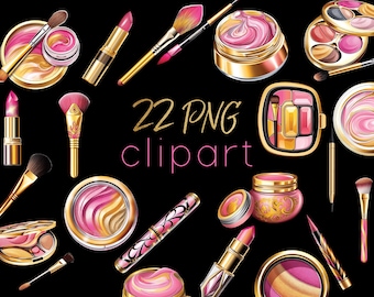 Pink Cosmetics Clip Art, Digital Beauty Graphics, pliki PNG Makeup Set, szminki, pędzle, cienie do powiek, tusz do rzęs, krem. Do użytku komercyjnego.