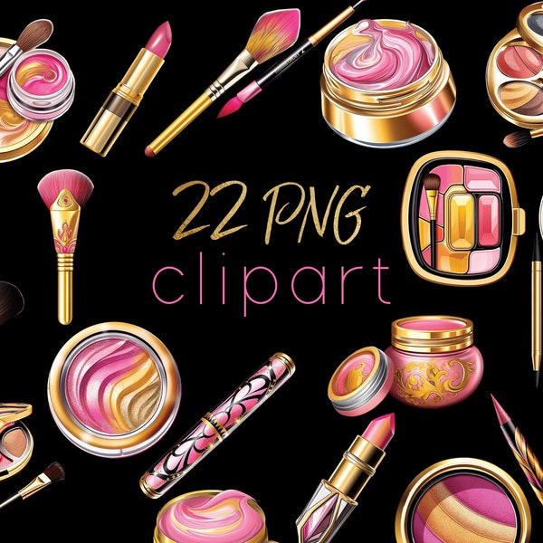 Pink Cosmetics Clip Art, Digital Beauty Graphics, Makeup Set PNG files, lipsticks, brushes, eyeshadows, mascara, creme. For commercial use.