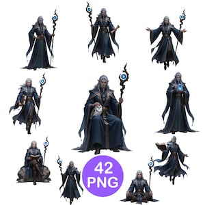 May include: A collection of digital illustrations featuring a fantasy character with long silver hair, wearing a dark blue robe. The character is depicted in various poses, holding a staff with a glowing blue orb, a book, or an owl. The image includes the text "42 PNG".